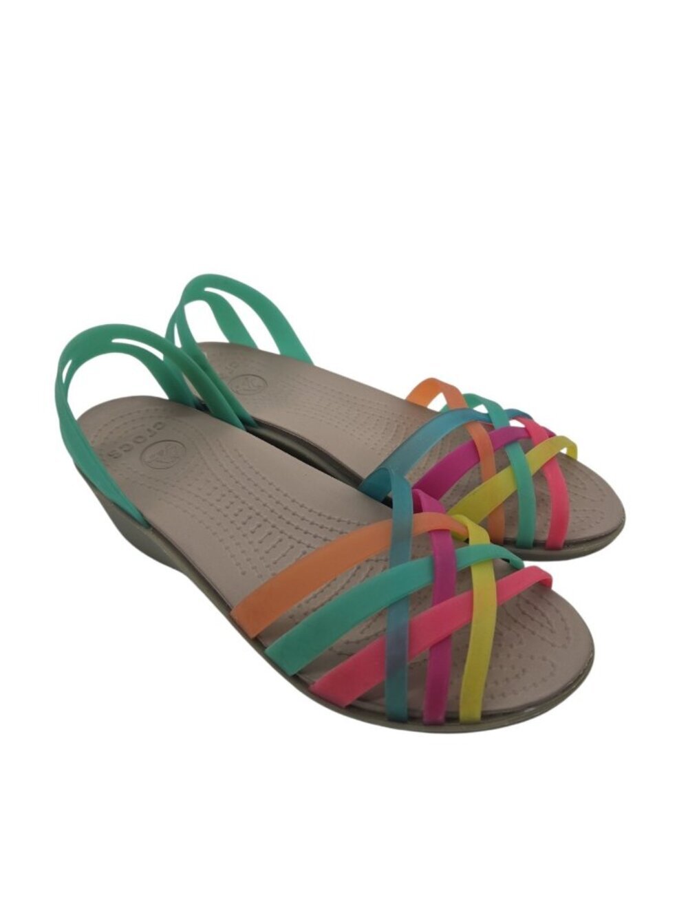 Crocs Huarache Mini Wedge Sandals Womens Size 6 Strappy Rainbow 14384